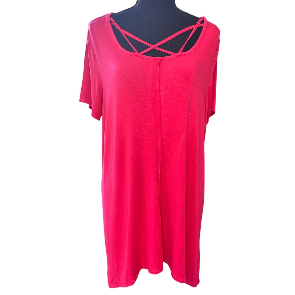 Terre Bleue Womens L Pink Strappy Lattice Neck Tunic Top Rayon Stretch Soft - Picture 2 of 6